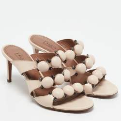 Alaia Light Beige Leather Studded Bombe Slide Sandals Size 37