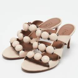 Alaia Light Beige Leather Studded Bombe Slide Sandals Size 37