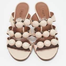 Alaia Light Beige Leather Studded Bombe Slide Sandals Size 37