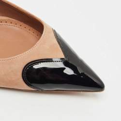 Pre Owned حذاء باليرينا فلات علايا لون بيج/أسود جلد لامع وسويدي مقاس 38