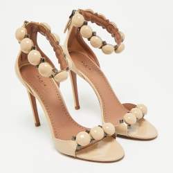 Pre Owned Alaia Beige Patent Leather Bombe Ankle Strap Sandals Size 38.5