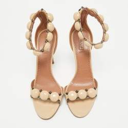 Pre Owned Alaia Beige Patent Leather Bombe Ankle Strap Sandals Size 38.5