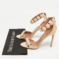 Pre Owned Alaia Beige Patent Leather Bombe Ankle Strap Sandals Size 38.5