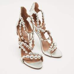 Pre Owned Alaia Silver Leather Bombe Strappy Sandals Size 39