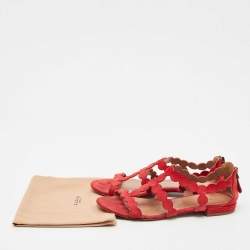 Pre Owned Alaia Red Laser Cut Suede Open Toe Flat Sandals Size 38.5
