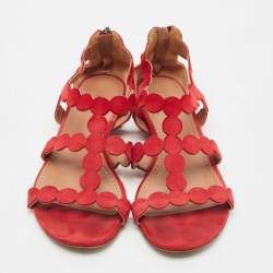 Pre Owned Alaia Red Laser Cut Suede Open Toe Flat Sandals Size 38.5