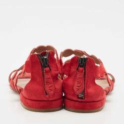 Pre Owned Alaia Red Laser Cut Suede Open Toe Flat Sandals Size 38.5