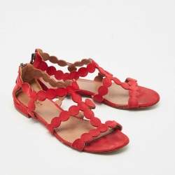 Pre Owned Alaia Red Laser Cut Suede Open Toe Flat Sandals Size 38.5