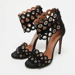 Pre Owned Alaia Black Suede Eyelet Embellished Ankle Strap Sandals Size 35