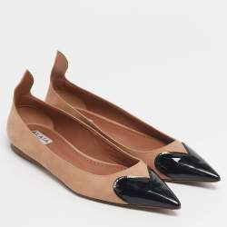 Pre Owned Alaia Beige/Black Patent Leather and Suede Ballet Flats Size 37.5