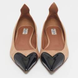 Pre Owned Alaia Beige/Black Patent Leather and Suede Ballet Flats Size 37.5