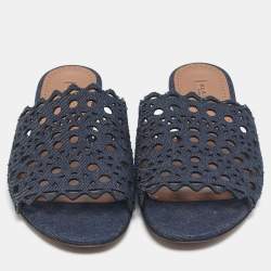 Pre Owned Alaia Navy Blue  Laser Cut Denim Flat Sandals Size 40