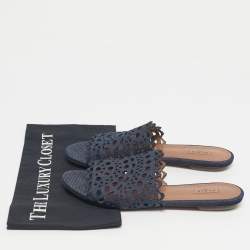 Pre Owned Alaia Navy Blue  Laser Cut Denim Flat Sandals Size 40