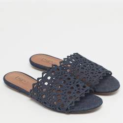 Pre Owned Alaia Navy Blue  Laser Cut Denim Flat Sandals Size 40