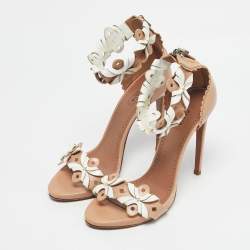Pre Owned Alaia Beige/White Leather Flower Ankle Strap Sandals Size 39.5
