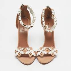 Pre Owned Alaia Beige/White Leather Flower Ankle Strap Sandals Size 39.5