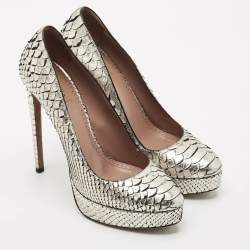 Pre Owned Alaia Silver/Gold Python Round Toe Platform Pumps Size 40.5