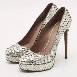 Pre Owned Alaia Silver/Gold Python Round Toe Platform Pumps Size 40.5