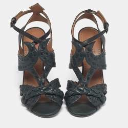 Pre Owned Alaia Black/Dark Green Leather Ankle Strap Sandals Size 37