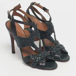 Pre Owned Alaia Black/Dark Green Leather Ankle Strap Sandals Size 37