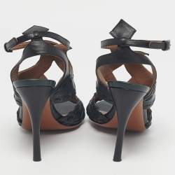 Pre Owned Alaia Black/Dark Green Leather Ankle Strap Sandals Size 37