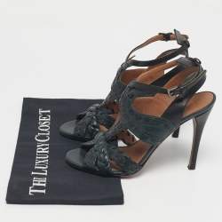 Pre Owned Alaia Black/Dark Green Leather Ankle Strap Sandals Size 37