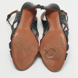 Pre Owned Alaia Black/Dark Green Leather Ankle Strap Sandals Size 37