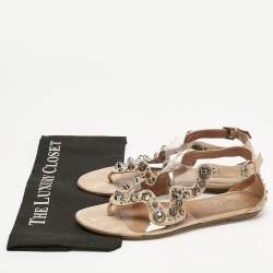 Pre Owned Alaia Beige/Transparent Suede and PVC Crystal Embellished Ankle Strap Flats Size 40