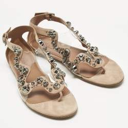 Pre Owned Alaia Beige/Transparent Suede and PVC Crystal Embellished Ankle Strap Flats Size 40
