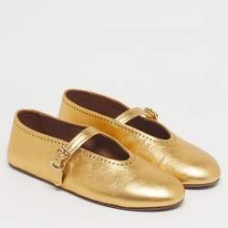 Pre Owned Alaia Gold Leather Crystal Embellished Mary Jane Ballet Flats Size 41