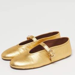 Pre Owned Alaia Gold Leather Crystal Embellished Mary Jane Ballet Flats Size 41