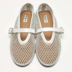 Pre Owned Alaïa Silver Mesh and Leather Mary Jane Ballet Flats Size 38.5