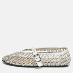Pre Owned Alaïa Silver Mesh and Leather Mary Jane Ballet Flats Size 38.5