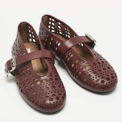 Pre Owned Alaia Burgundy Fishnet Laser Cut Leather Ballet Flats Size 37.5