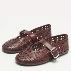 Pre Owned Alaia Burgundy Fishnet Laser Cut Leather Ballet Flats Size 37.5
