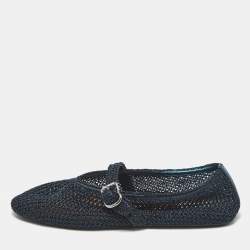 Pre Owned Alaia Black/Navy Blue Mesh and Leather Mary Jane Ballet Flats Size 40