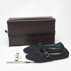 Pre Owned Alaia Black/Navy Blue Mesh and Leather Mary Jane Ballet Flats Size 40