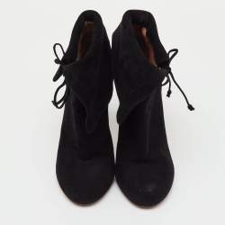 Pre Owned Alaia Black Suede Ankle Cuff Side Lace Up Boots Size 37
