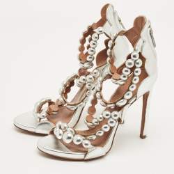 Pre Owned Alaia Silver Leather Bombe Stappy Sandals Size 39.5