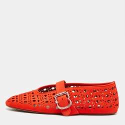 Pre Owned Alaia Red Suede Mary Jane Ballet Flats Size 37