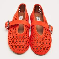 Pre Owned Alaia Red Suede Mary Jane Ballet Flats Size 37