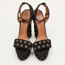 Pre Owned صندل علايا مزخرف بأزهار مقاس 40 من جلد الشامواه الأسود بكعب مرتفع مع حزام للكاحل