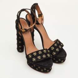 Pre Owned صندل علايا مزخرف بأزهار مقاس 40 من جلد الشامواه الأسود بكعب مرتفع مع حزام للكاحل