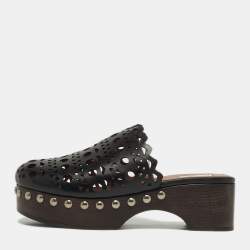 مملوكة مسبقًا Alaia Size 40 Black Leather Laser Cut Platform Clogs
