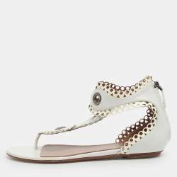Pre Owned Alaia Embellished Size 38 White Leather Thong Flat Sandals