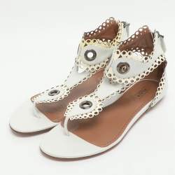 Pre Owned صندل فلات سيور جلد أبيض علايا مزخرف مقاس 38