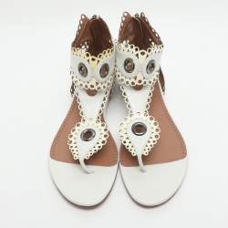 Pre Owned صندل فلات سيور جلد أبيض علايا مزخرف مقاس 38