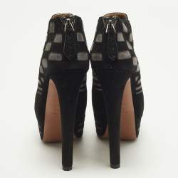 Pre Owned حذاء بوت للكاحل علايا سويدي بلون أسود/فضي بنمط الليزر مقاس 40 مع نعل سميك