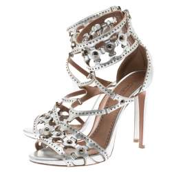 Alaia Metallic Silver Studded Leather Cutout Cage Sandals Size 38