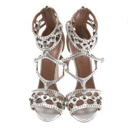Alaia Metallic Silver Studded Leather Cutout Cage Sandals Size 38